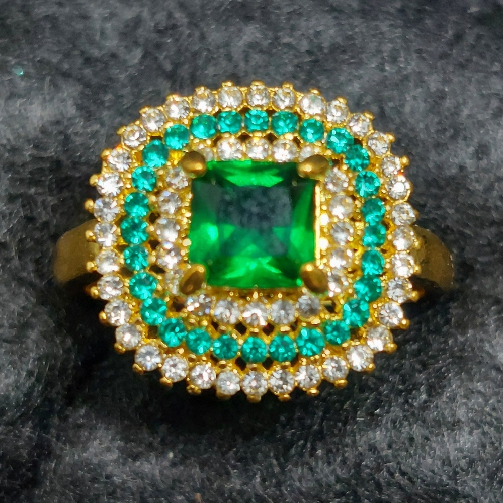 Halo Cocktail Green/Clear Square/Round Faceted Lab CZs Gold Vermeil Ring Size 9
